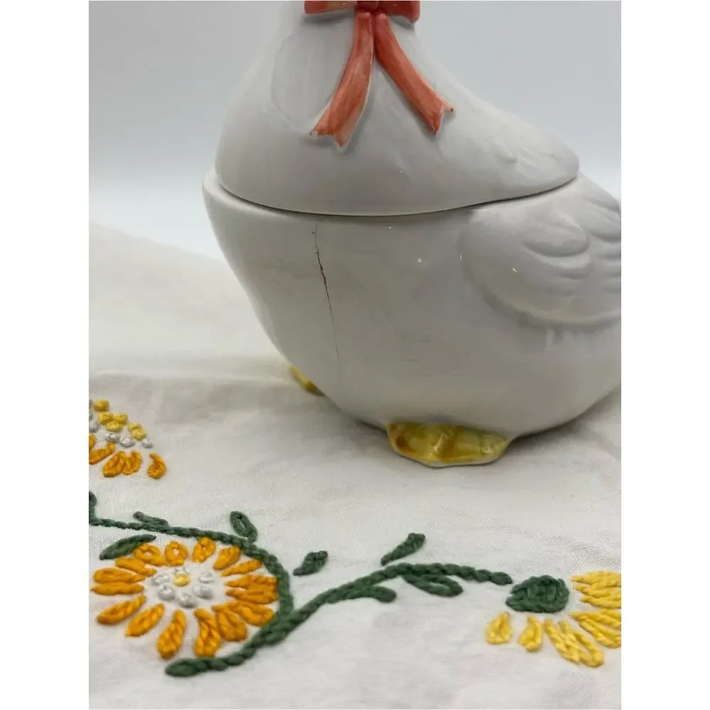 Vintage Otagiri Japan Ceramic White Goose Sugar Bowl with Orange Bow Collar